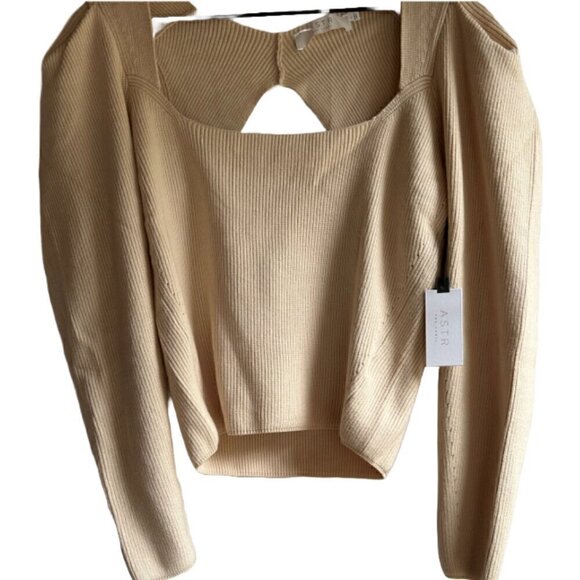 NWT ASTR Ribbed Knit Cut Out Puff Sleeve Pullover Sweater Size Women's10/L Cream - Picture 3 of 8